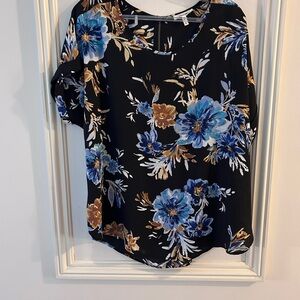 Maurices Black Floral Blouse with Blue and Brown Blooms